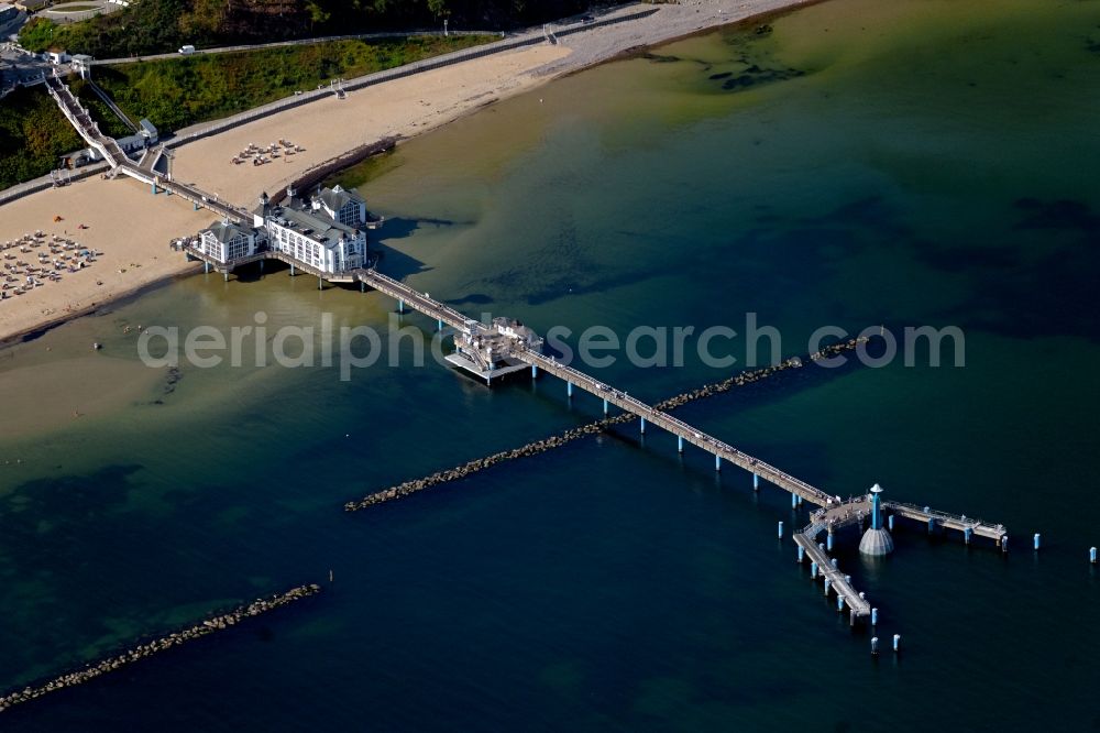 Aerial photograph Sellin - Construction of the pier above the water surface in Sellin on the Baltic Sea coast in the state of Mecklenburg-West Pomerania, Germany