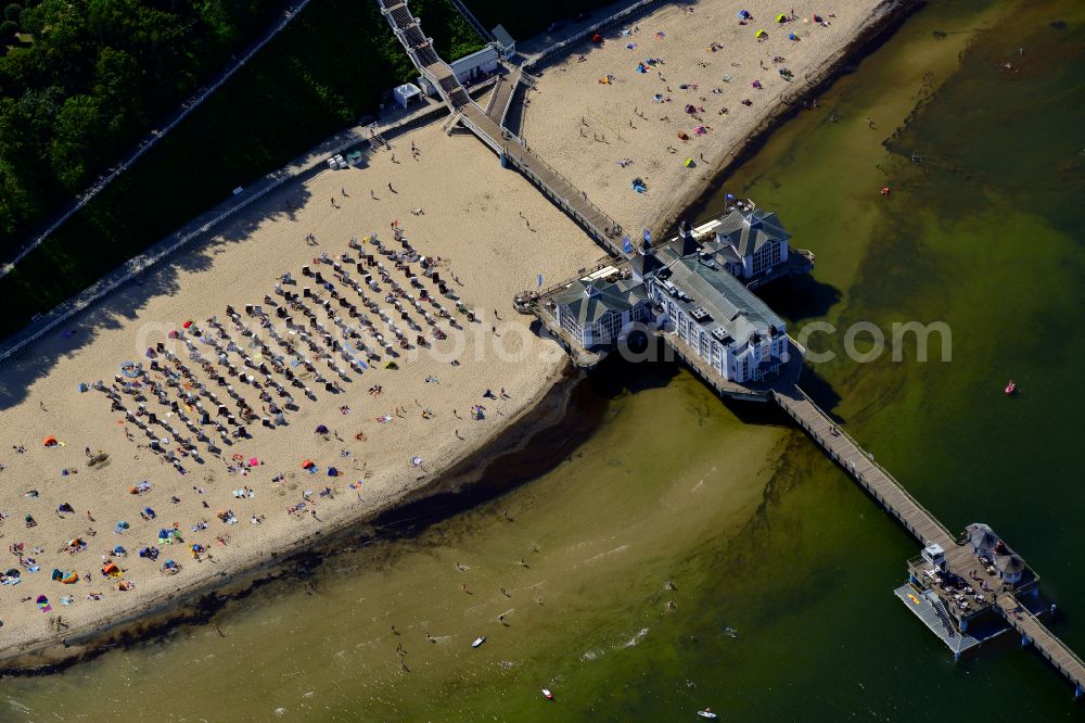 Aerial image Sellin - Construction of the pier above the water surface in Sellin on the Baltic Sea coast in the state of Mecklenburg-West Pomerania, Germany