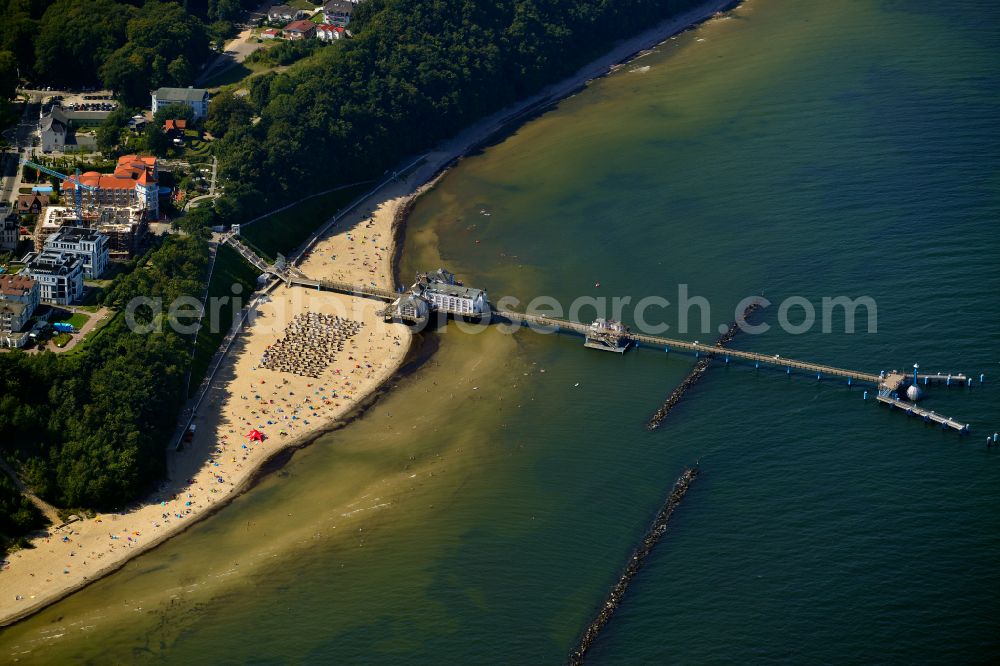 Aerial image Sellin - Construction of the pier above the water surface in Sellin on the Baltic Sea coast in the state of Mecklenburg-West Pomerania, Germany