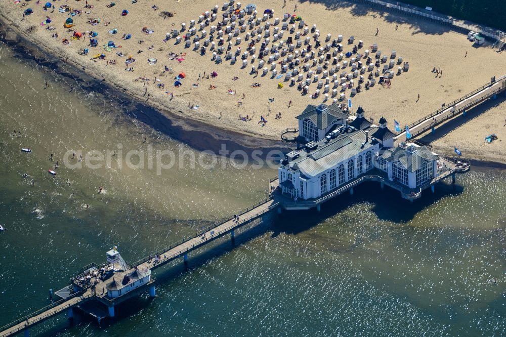 Sellin from above - Construction of the pier above the water surface in Sellin on the Baltic Sea coast in the state of Mecklenburg-West Pomerania, Germany