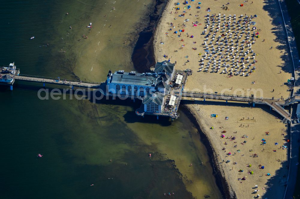 Aerial image Sellin - Construction of the pier above the water surface in Sellin on the Baltic Sea coast in the state of Mecklenburg-West Pomerania, Germany