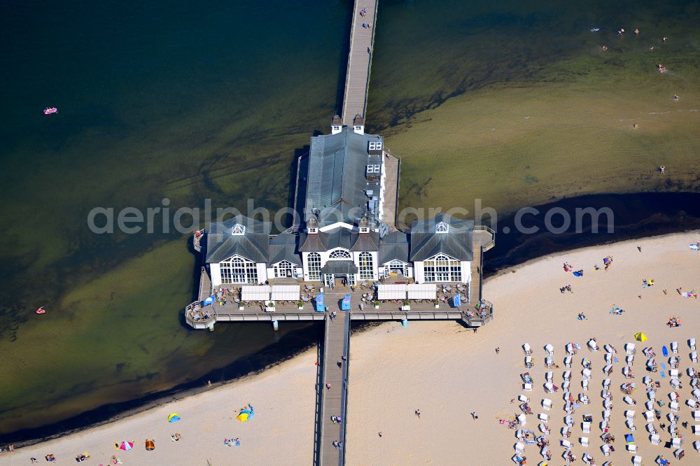 Sellin from above - Construction of the pier above the water surface in Sellin on the Baltic Sea coast in the state of Mecklenburg-West Pomerania, Germany