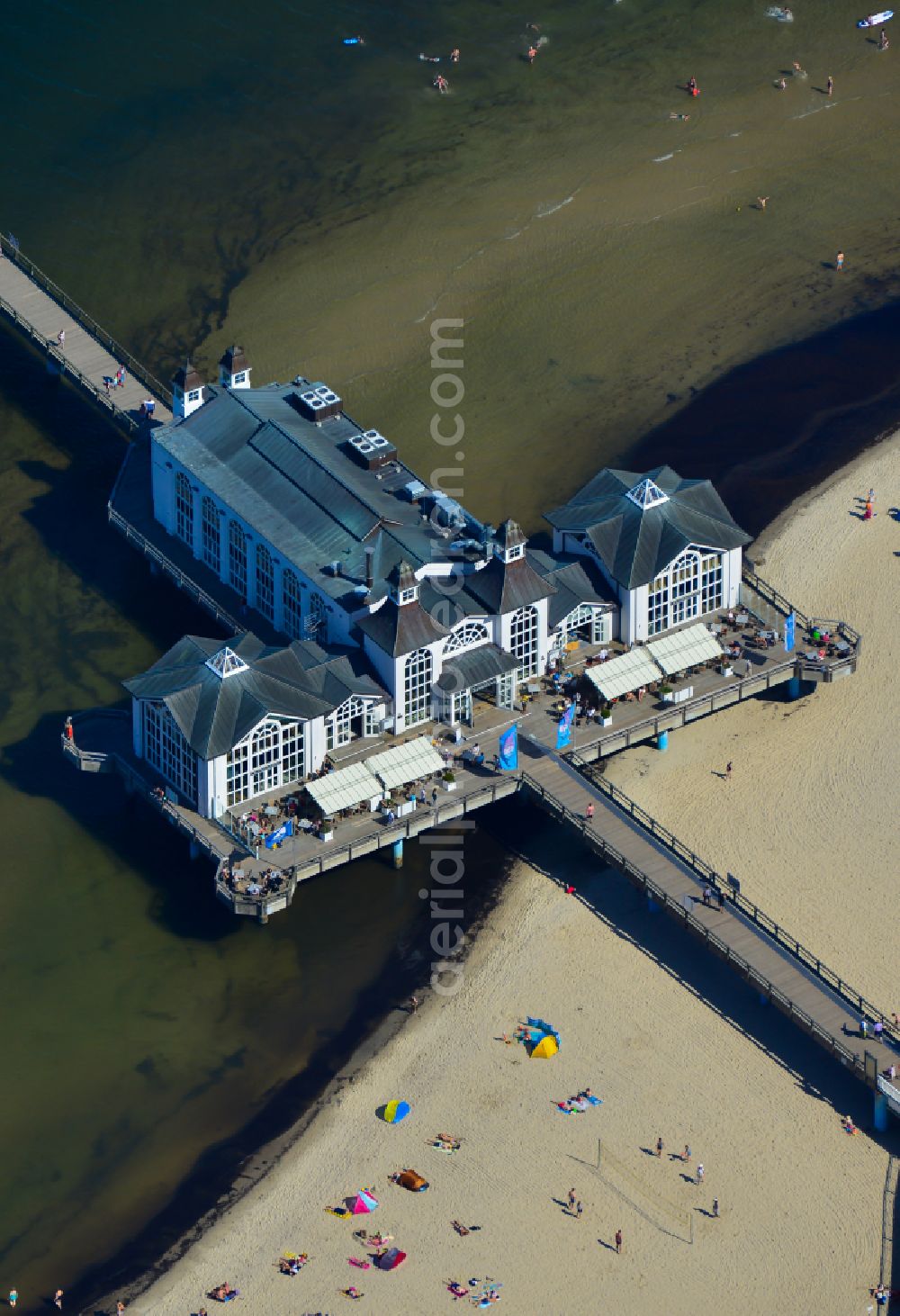 Sellin from above - Construction of the pier above the water surface in Sellin on the Baltic Sea coast in the state of Mecklenburg-West Pomerania, Germany