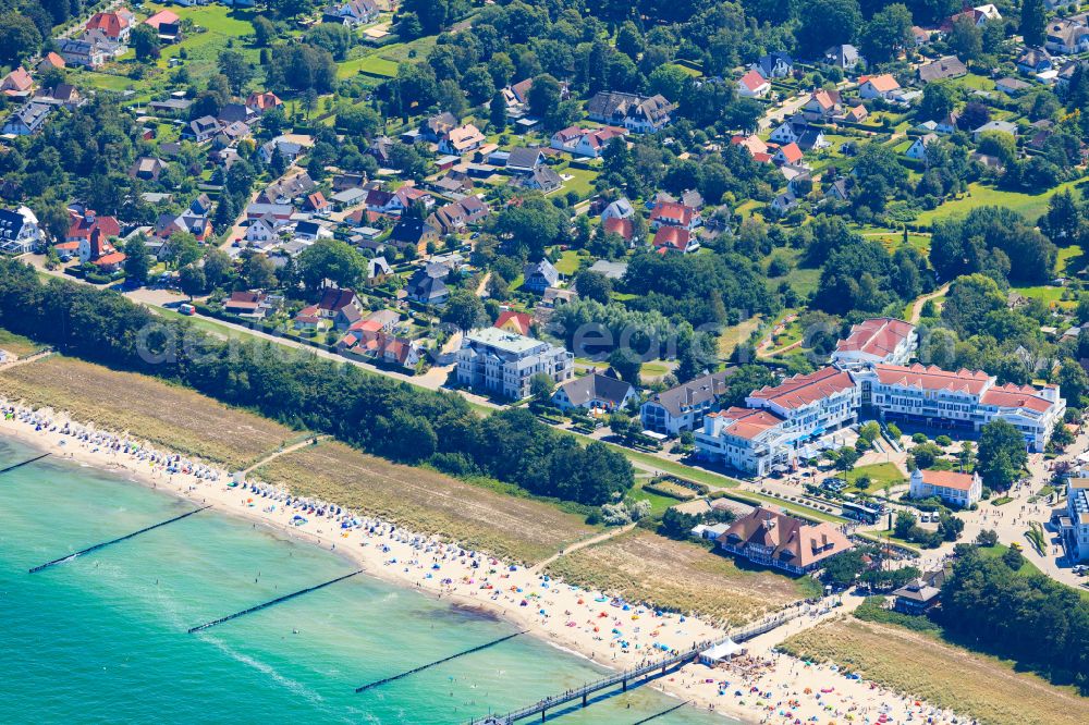 Aerial image Zingst - Lake - bridge construction on the sandy beach of the Baltic Sea on street Seebruecke Zingst in Zingst at the baltic sea coast in the state Mecklenburg - Western Pomerania, Germany