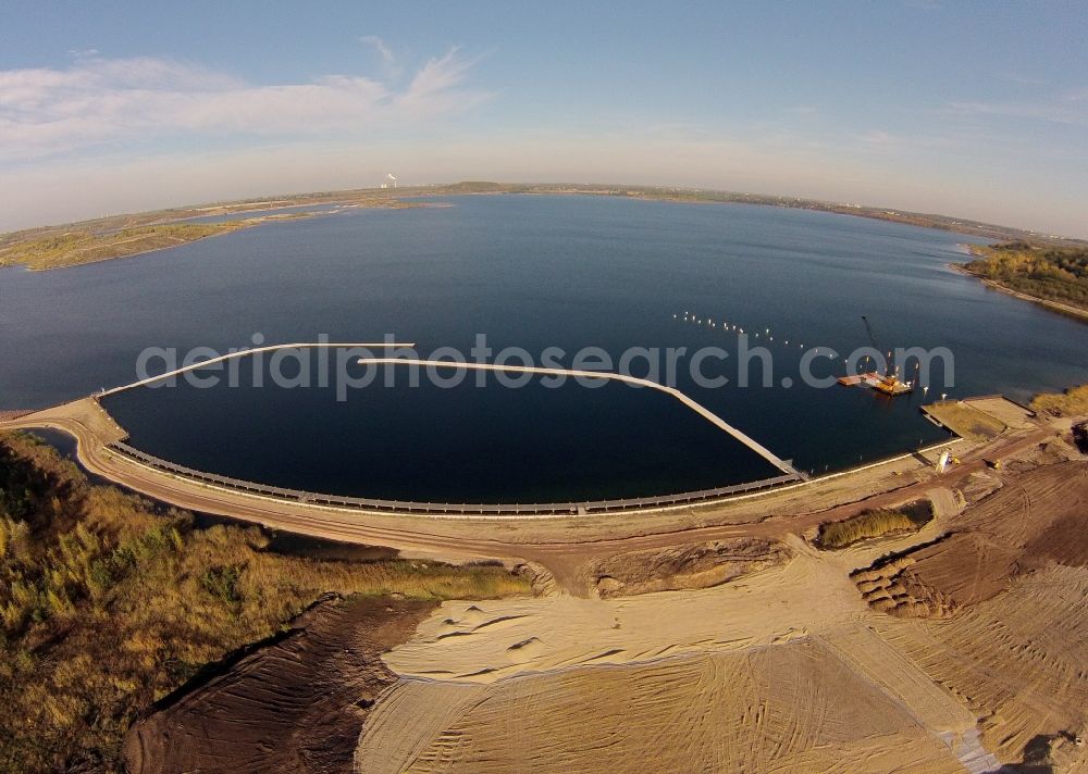 Aerial photograph Mücheln - Piers construction site - construction on the banks of reclamation by a brown coal - resulting pit lake in the mining landscape at Geisel Muecheln in Saxony-Anhalt