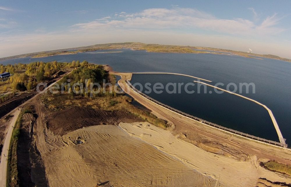 Mücheln from above - Piers construction site - construction on the banks of reclamation by a brown coal - resulting pit lake in the mining landscape at Geisel Muecheln in Saxony-Anhalt