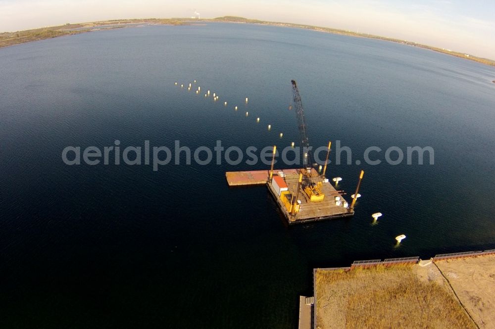 Aerial photograph Mücheln - Piers construction site - construction on the banks of reclamation by a brown coal - resulting pit lake in the mining landscape at Geisel Muecheln in Saxony-Anhalt