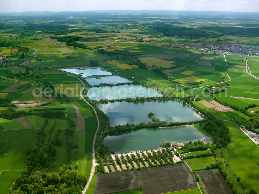 Ertingen from above - Waterfront landscape on the lake Schwarzachtalseen in Ertingen in the state Baden-Wuerttemberg, Germany