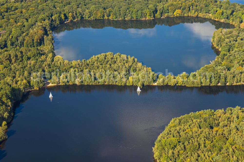 Duisburg from above - Waterfront landscape on the lake of Sechs-Seen-Platte in the district Wedau in Duisburg at Ruhrgebiet in the state North Rhine-Westphalia, Germany