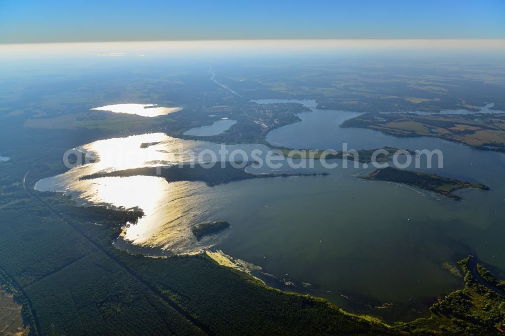 Aerial image Wilhelmsdorf - Waterfront landscape on the lake Breitlingsee with Moeserscher See and Plauer See in Wilhelmsdorf in the state Brandenburg, Germany