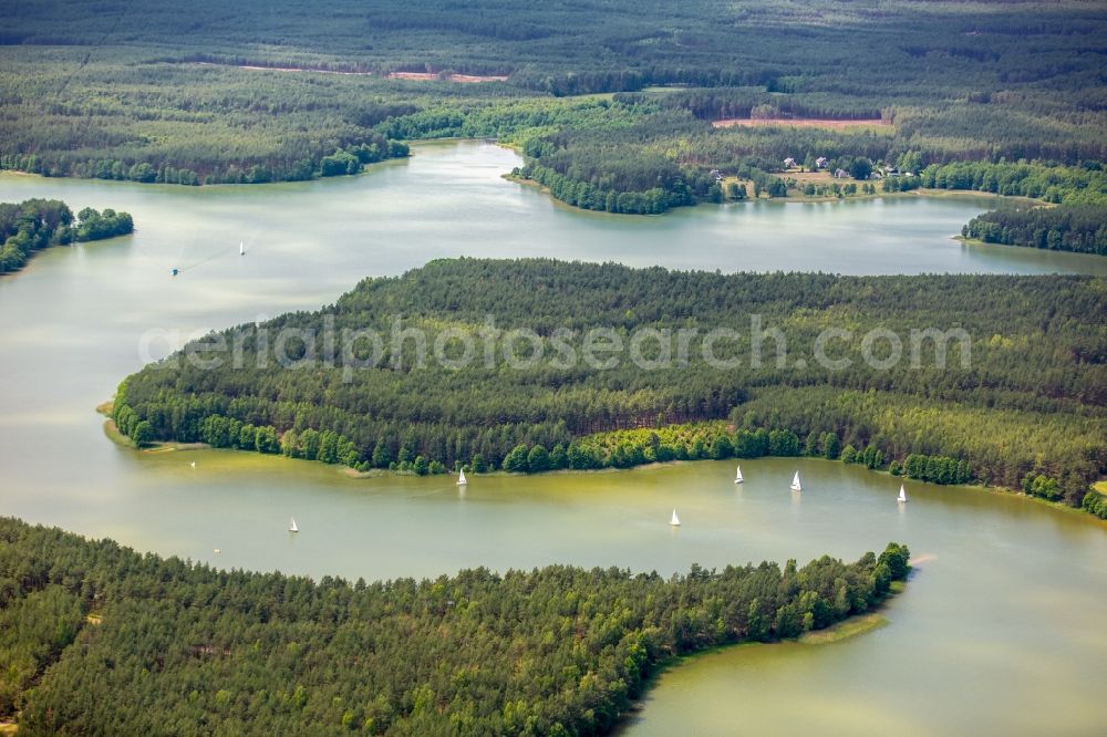 Wdzydze Kiszewskie from above - Waterfront landscape on the lake Jezioro Golun in Wdzydze Kiszewskie in Pomorskie, Poland