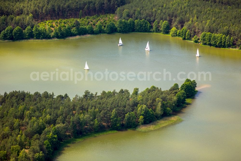 Wdzydze Kiszewskie from the bird's eye view: Waterfront landscape on the lake Jezioro Golun in Wdzydze Kiszewskie in Pomorskie, Poland