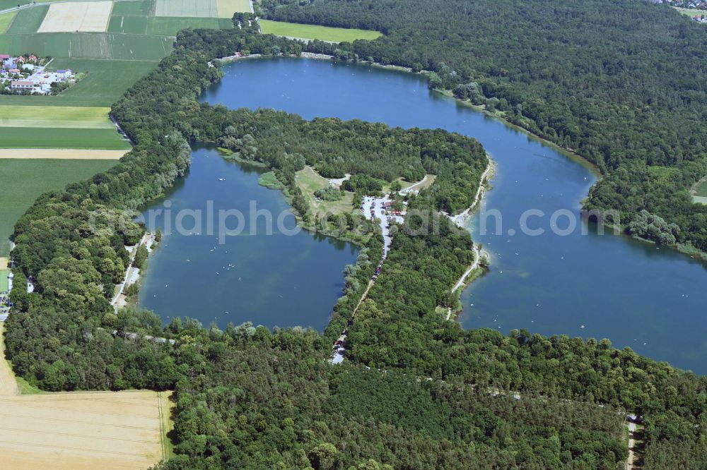 Aerial image Weichering - Waterfront landscape on the lake Kleiner Leithner Weiher and Weicheringer See in Weichering in the state Bavaria, Germany