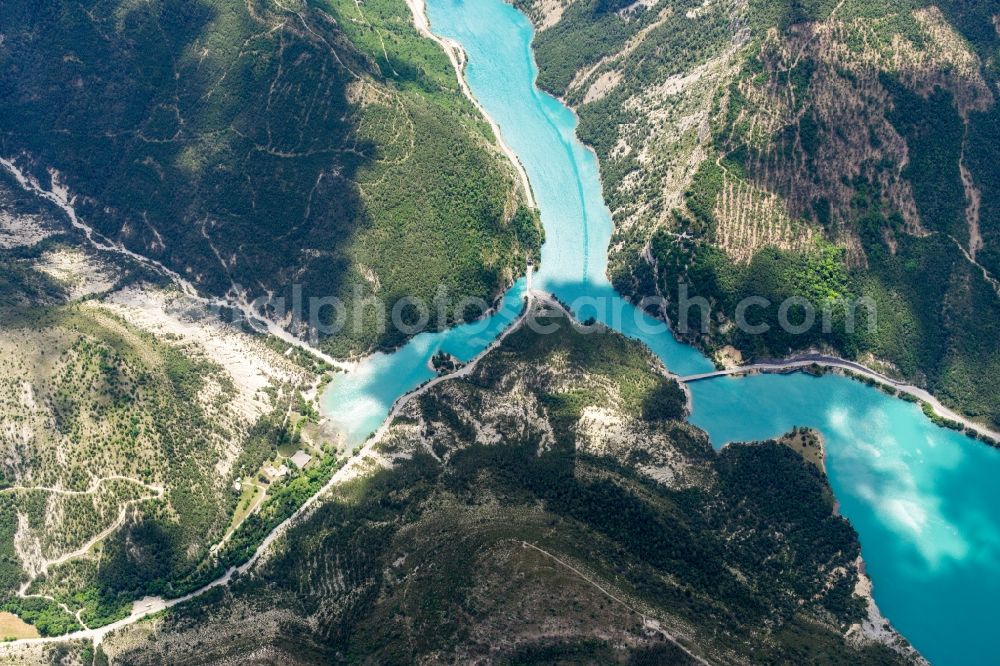 Angles from the bird's eye view: Waterfront landscape on the lake Lac de castillon in Angles in Provence-Alpes-Cote d'Azur, France