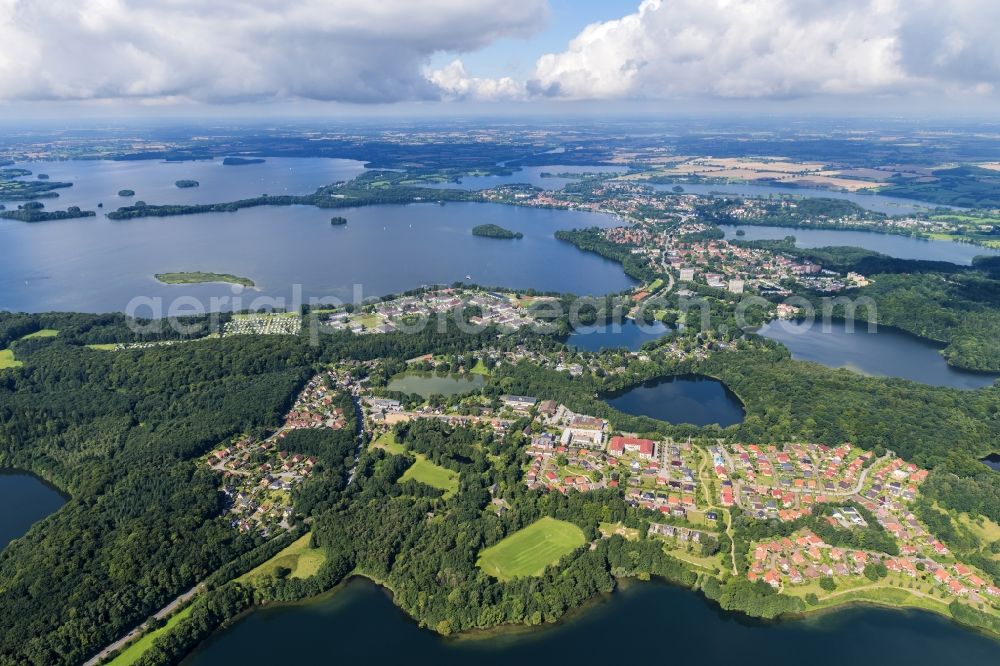 Plön from above - Lakes chain and bank areas of the Suhrer lake and the big Ploener lake in the district town moor in Ploen in the federal state Schleswig-Holstein