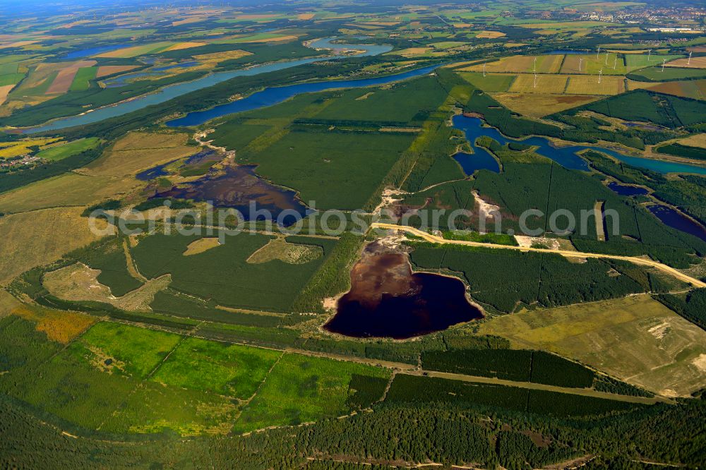 Aerial photograph Zinnitz - Post-mining landscape on the areas of the renatured former opencast mine in Zinnitz at Spreewald in the state Brandenburg, Germany