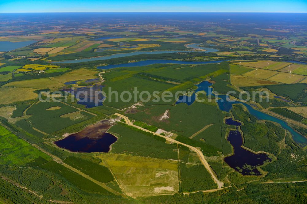 Zinnitz from above - Post-mining landscape on the areas of the renatured former opencast mine in Zinnitz at Spreewald in the state Brandenburg, Germany