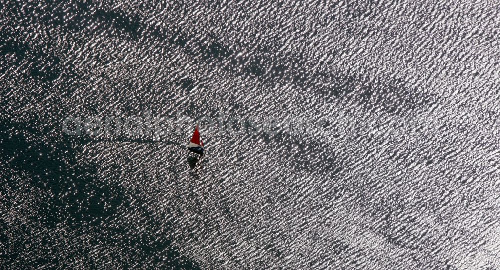 Aerial image Hückeswagen - Sailing boat on the lake Bevertalsperre in Hueckeswagen in North Rhine-Westphalia