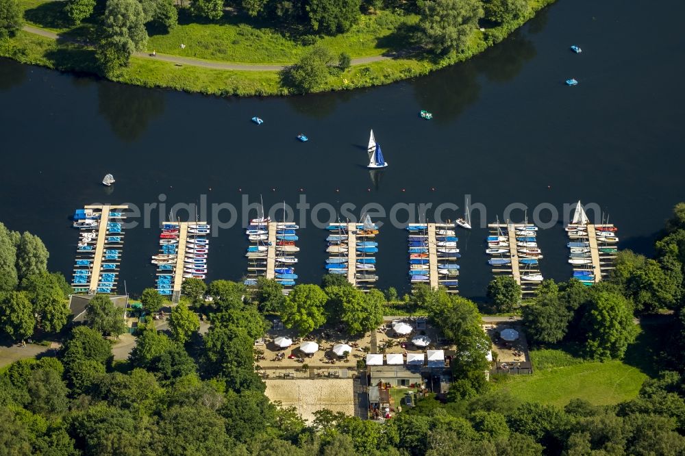 Aerial image Bochum - Sailing boat dock at the shore of Lake Kemnade - Reservoir at Bochum in North Rhine-Westphalia