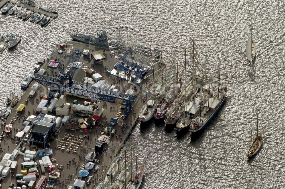 Rostock Warnemünde from the bird's eye view: Sailing boats and historic ships in the museum on the occasion of the Hanse Sail Rostock on the Baltic Sea - coast in Mecklenburg-Western Pomerania