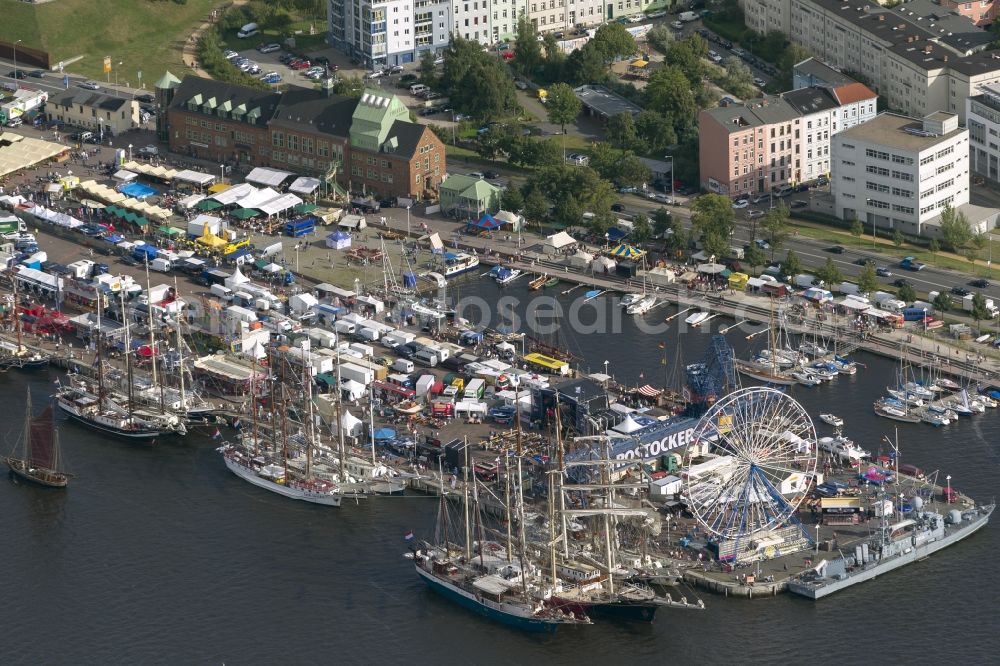 Rostock Warnemünde from the bird's eye view: Sailing boats and historic ships in the museum on the occasion of the Hanse Sail Rostock on the Baltic Sea - coast in Mecklenburg-Western Pomerania