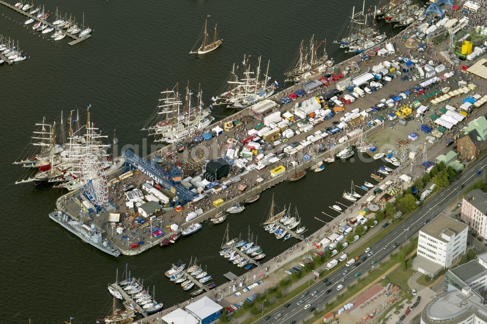 Rostock Warnemünde from the bird's eye view: Sailing boats and historic ships in the museum on the occasion of the Hanse Sail Rostock on the Baltic Sea - coast in Mecklenburg-Western Pomerania