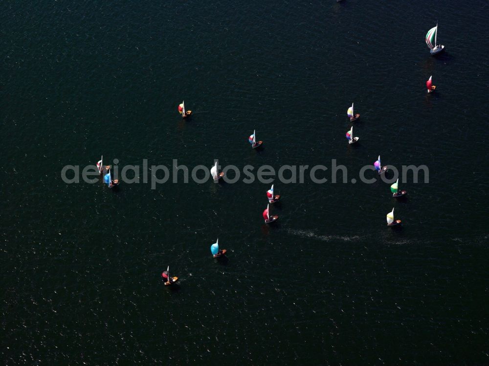 Aerial image Priborn - Sail boats on Lake Müritzsee in the borough of Priborn in the state of Mecklenburg-West Pomerania. The lake belongs to the group of lakes of the Mecklenburg lake district. The sail boats run on the waters in the sun