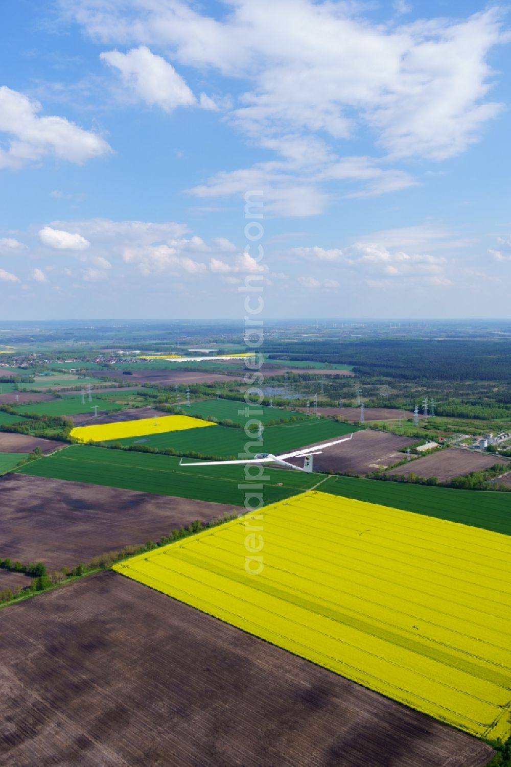 Dollern from the bird's eye view: Glider and sport aircraft ASW 27 D-9279 flying in low altitude over the airspace in Dollern in the state Lower Saxony, Germany