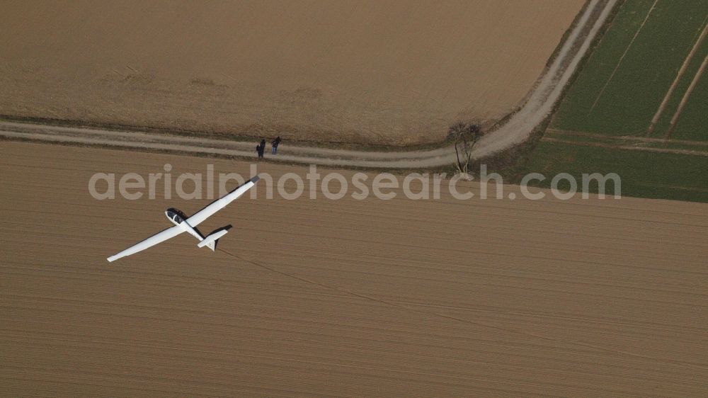 Holtorf from above - Glider and sport airplane TWIN ASTIR II D-3078 (B3) a??Twinberta?? after an outlanding in a field in Holtorf in the state North Rhine-Westphalia, Germany