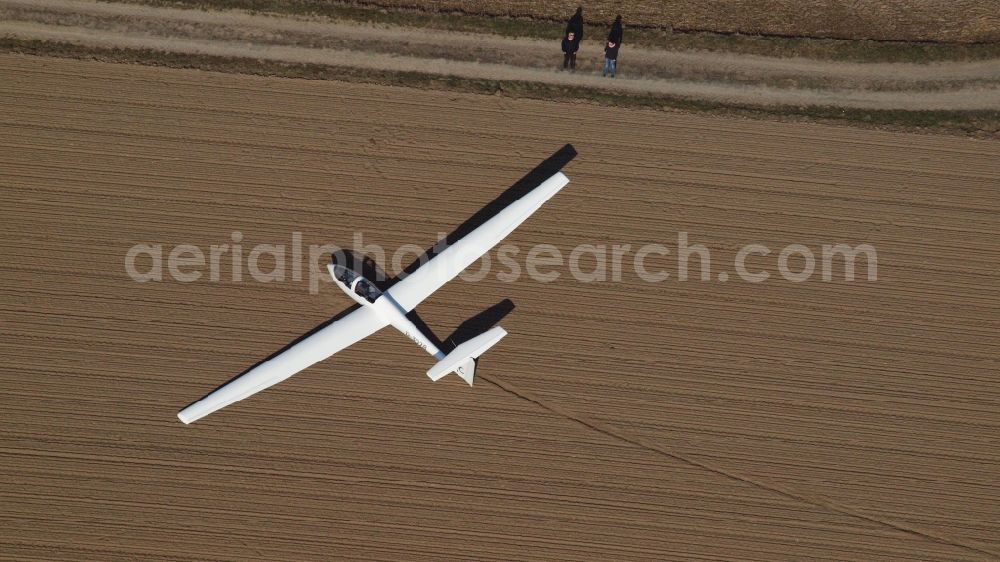 Holtorf from the bird's eye view: Glider and sport airplane TWIN ASTIR II D-3078 (B3) a??Twinberta?? after an outlanding in a field in Holtorf in the state North Rhine-Westphalia, Germany