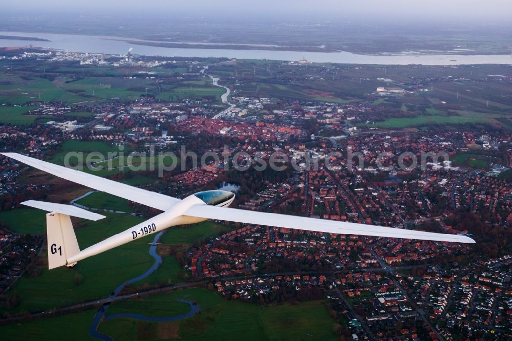 Stade from above - Glider while dusk above the city center of the Hanseatic city of Stade in the state of Lower Saxony, Germany