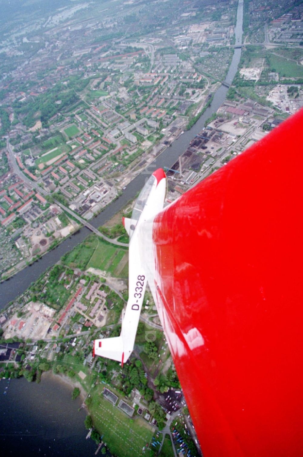 Aerial image Brandenburg an der Havel - Glider and sport aircraft Bocian with of call sign D-3328 flying over the airspace in Brandenburg an der Havel in the state Brandenburg, Germany