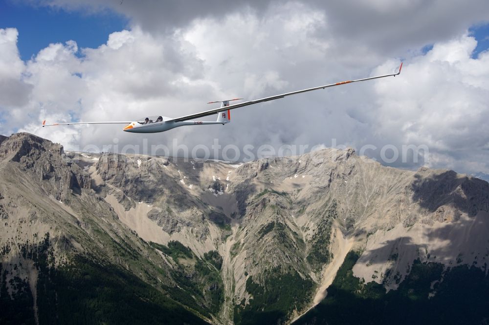 Aerial photograph Montmaur - Glider EB28 D-KQWB in flight over the mountain Pic de Bure at Montmaur in Provence-Alpes-Cote d'Azur, France. The EB 28 is a double-seated glider of the open class