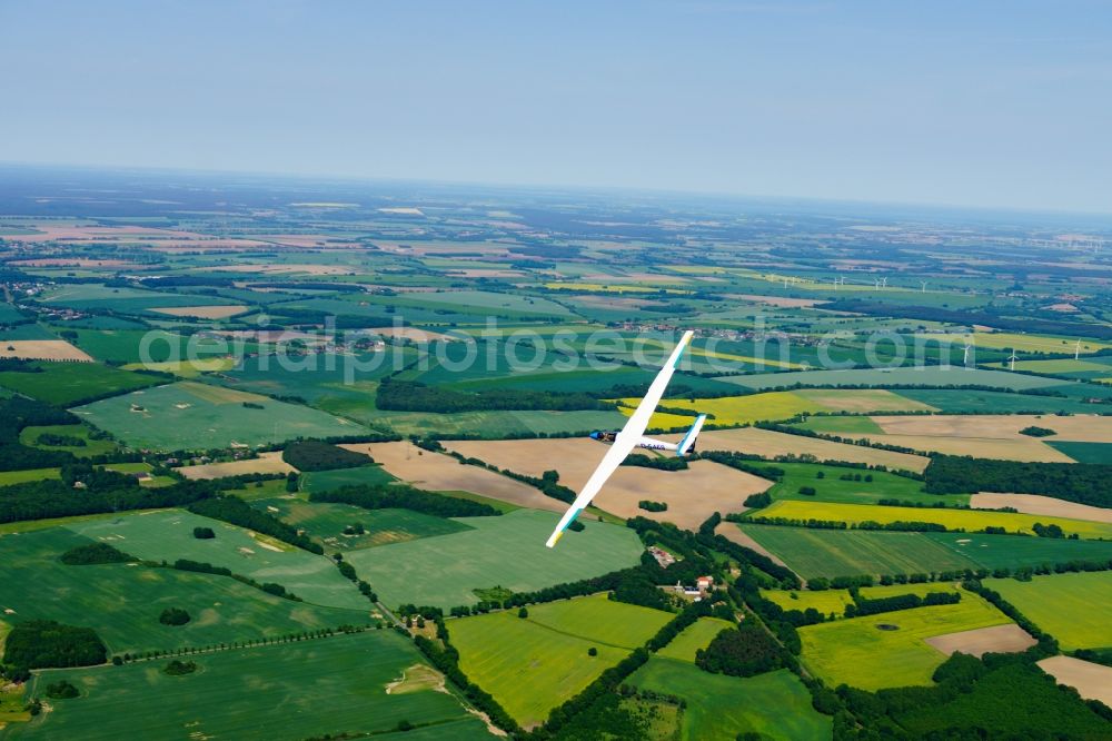 Gerdshagen from above - Glider and sport aircraft SZD-36 Cobra flying over the airspace in Gerdshagen in the state Brandenburg, Germany