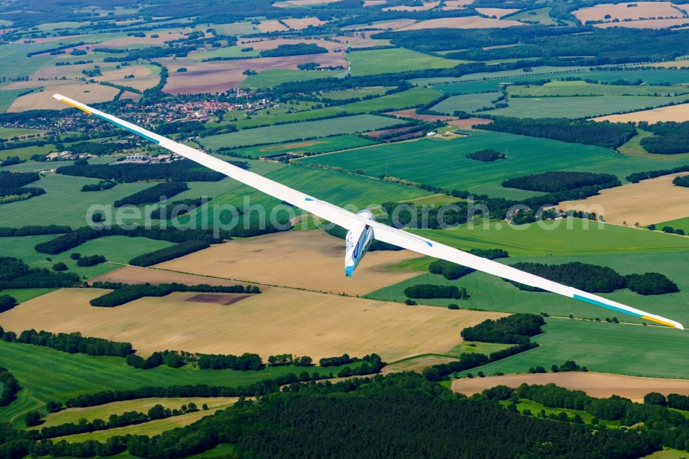 Kümmernitztal from above - Glider and sport aircraft SZD-36 Cobra flying over the airspace in Kuemmernitztal in the state Brandenburg, Germany