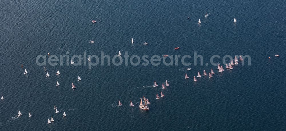 Aerial image Glücksburg - Regatta - Participants with sailing boats in competition on the Flensburg Fjord in Gluecksburg in the state Schleswig-Holstein, Germany