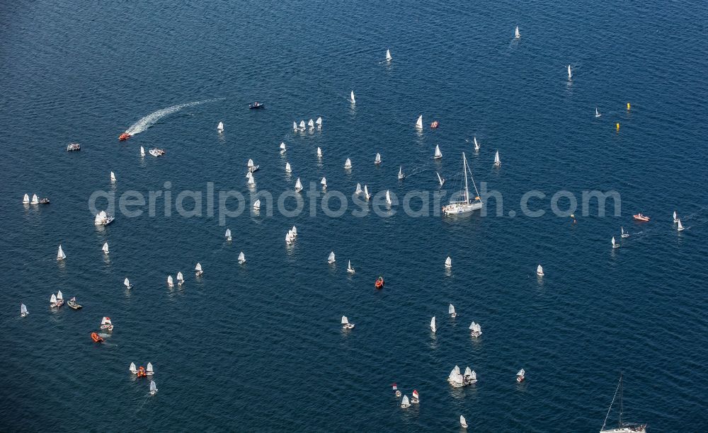 Aerial photograph Glücksburg - Regatta - participants with sailing boats on the Flensburg Fjord in Gluecksburg in the state Schleswig-Holstein, Germany