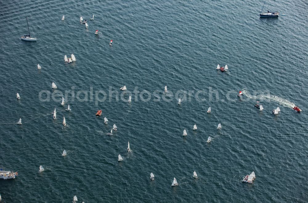 Glücksburg from above - Regatta - participants with sailing boats on the Flensburg Fjord in Gluecksburg in the state Schleswig-Holstein, Germany