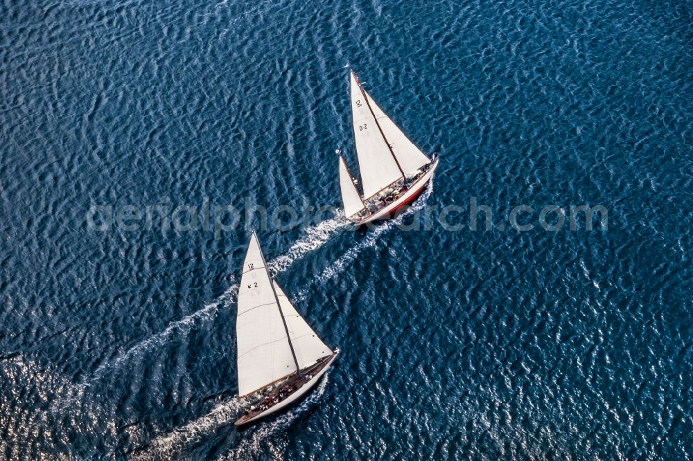 Glücksburg from above - Sailing regatta with the twelve ships EVAINE and ANITA on the Flensburg Fjord in Gluecksburg in the state Schleswig-Holstein, Germany