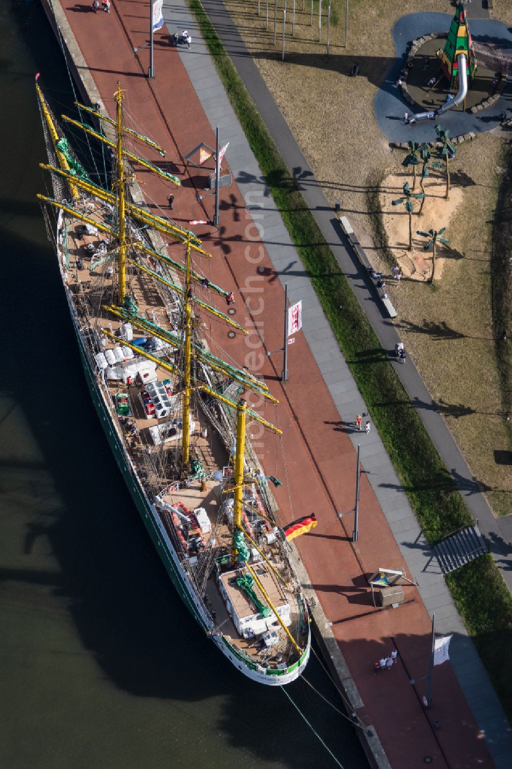 Aerial photograph Bremerhaven - Sailboat ALEXANDER von HUMBOLDT II in the harbor in Bremerhaven in the state Bremen, Germany