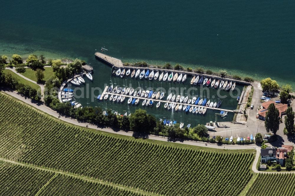 Aerial photograph Meersburg - Sailboat on Bodensee in the harbor in Meersburg in the state , Germany