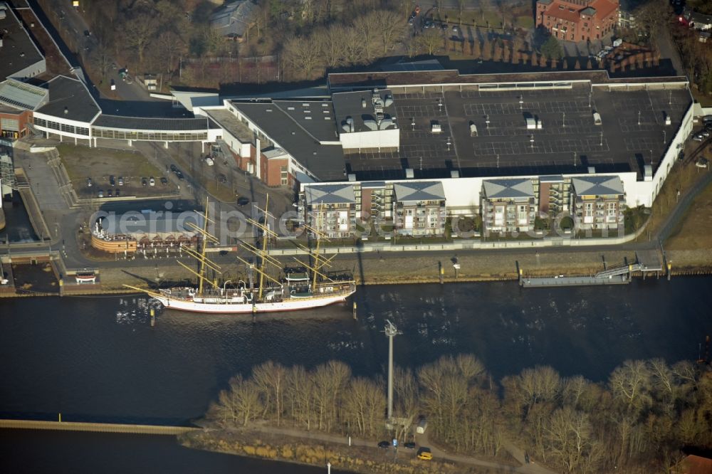 Aerial image Bremen - Sailboat Deutschland in the harbor in the district Vegesack in Bremen