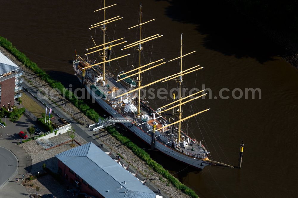 Aerial image Bremen - Sailboat Deutschland in the harbor in the district Vegesack in Bremen