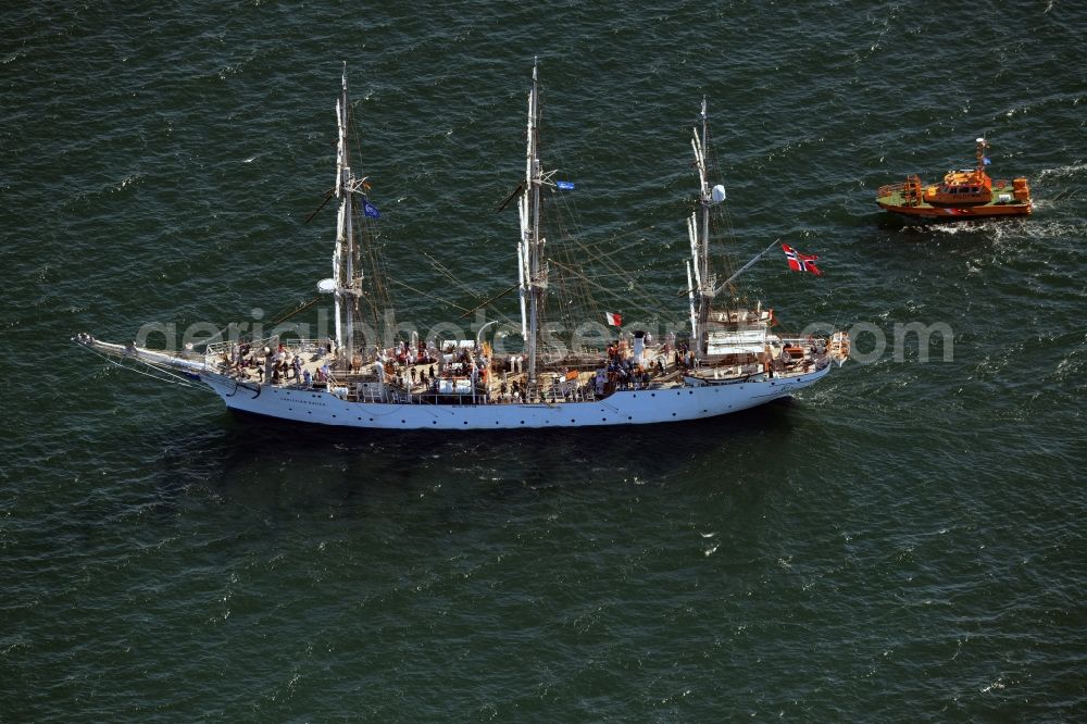 Rostock from the bird's eye view: Sailboat - training ship Christian Radich underway at the Ostsee in Rostock in the state Mecklenburg - Western Pomerania