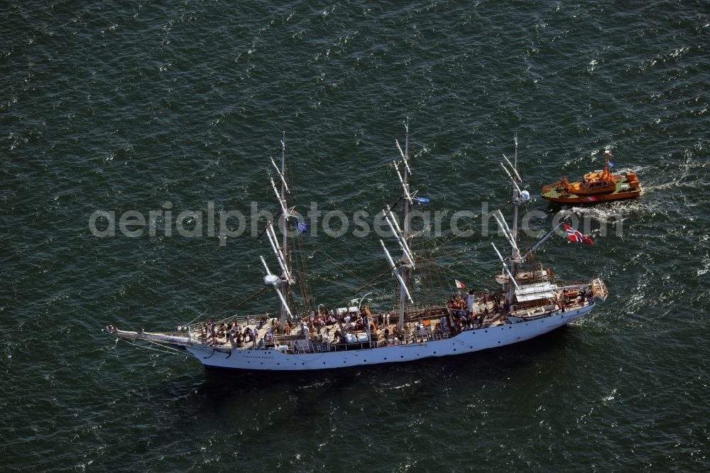 Rostock from above - Sailboat - training ship Christian Radich underway at the Ostsee in Rostock in the state Mecklenburg - Western Pomerania