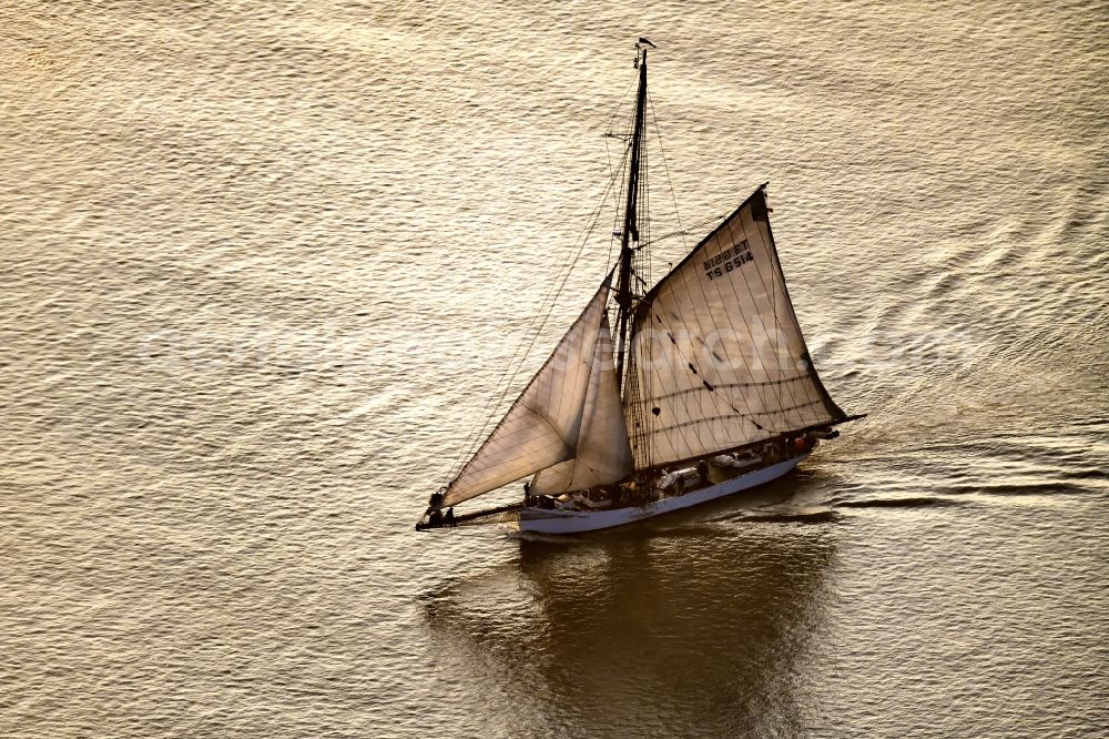 Kollmar from above - Sailboat under way Rennkutter Nobile in Kollmar in the state Schleswig-Holstein, Germany