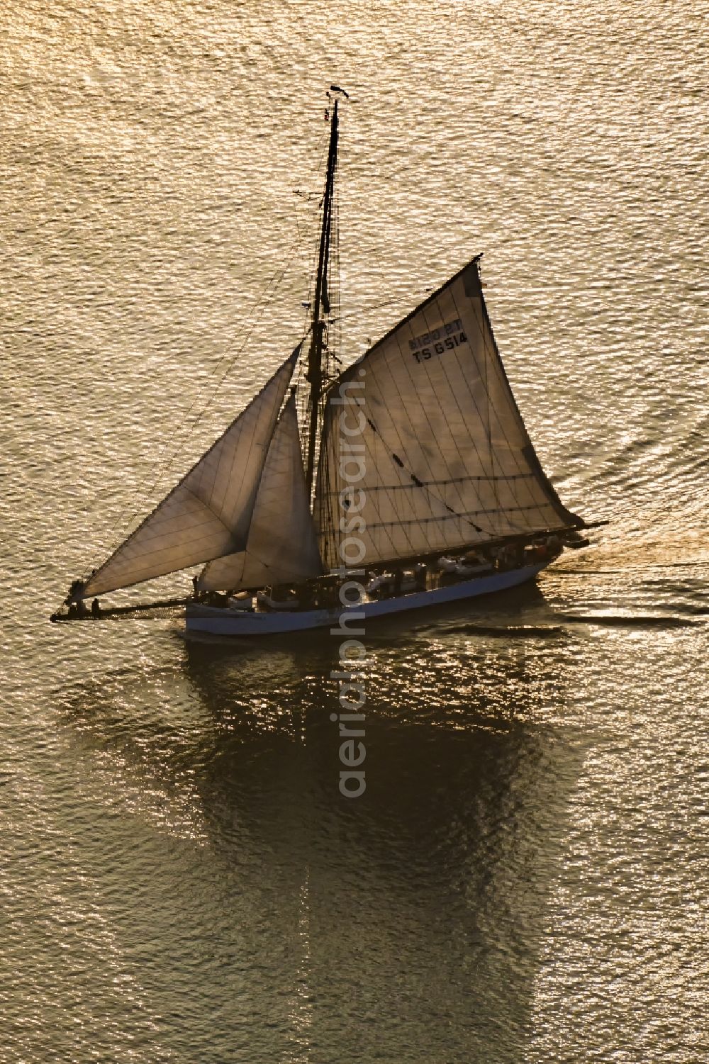 Kollmar from the bird's eye view: Sailboat under way Rennkutter Nobile in Kollmar in the state Schleswig-Holstein, Germany