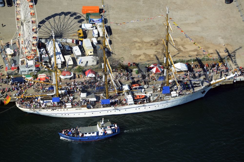 Aerial photograph Rostock - Sailboat - training ship Gorch Fock in the harbor in Rostock in the state Mecklenburg - Western Pomerania