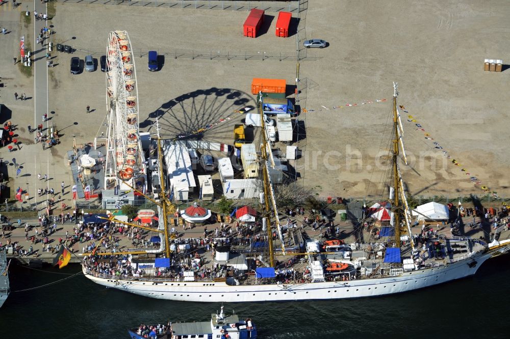 Rostock from above - Sailboat - training ship Gorch Fock in the harbor in Rostock in the state Mecklenburg - Western Pomerania