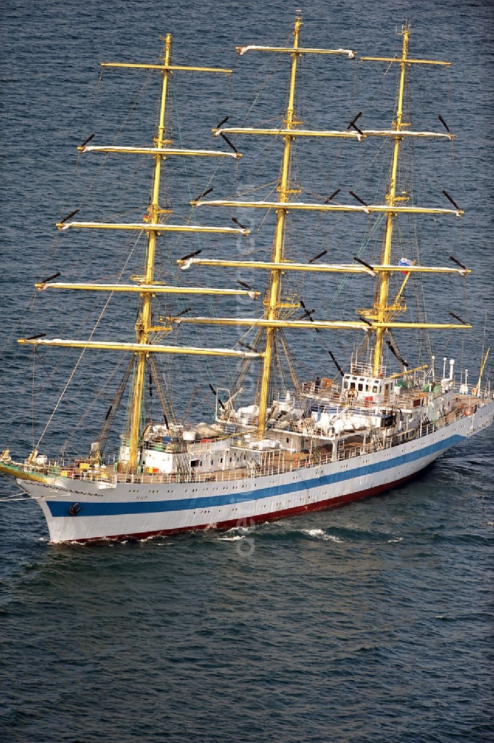 Rostock from the bird's eye view: View of the training ship MIR in the Baltic Sea off Rostock in Mecklenburg Western Pomerania. It is owned by the Admiral Makarov Academy in Saint Petersburg, was built in the Lenin shipyard in Danzig and is considered one of the fastest tall ships in the world